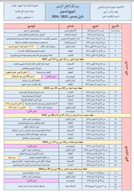 التوزيع السنوي المؤقت للثانوي الإعدادي وفق المقرر الوزاري 2023 / 2024 مادة التربية الإسلامية.